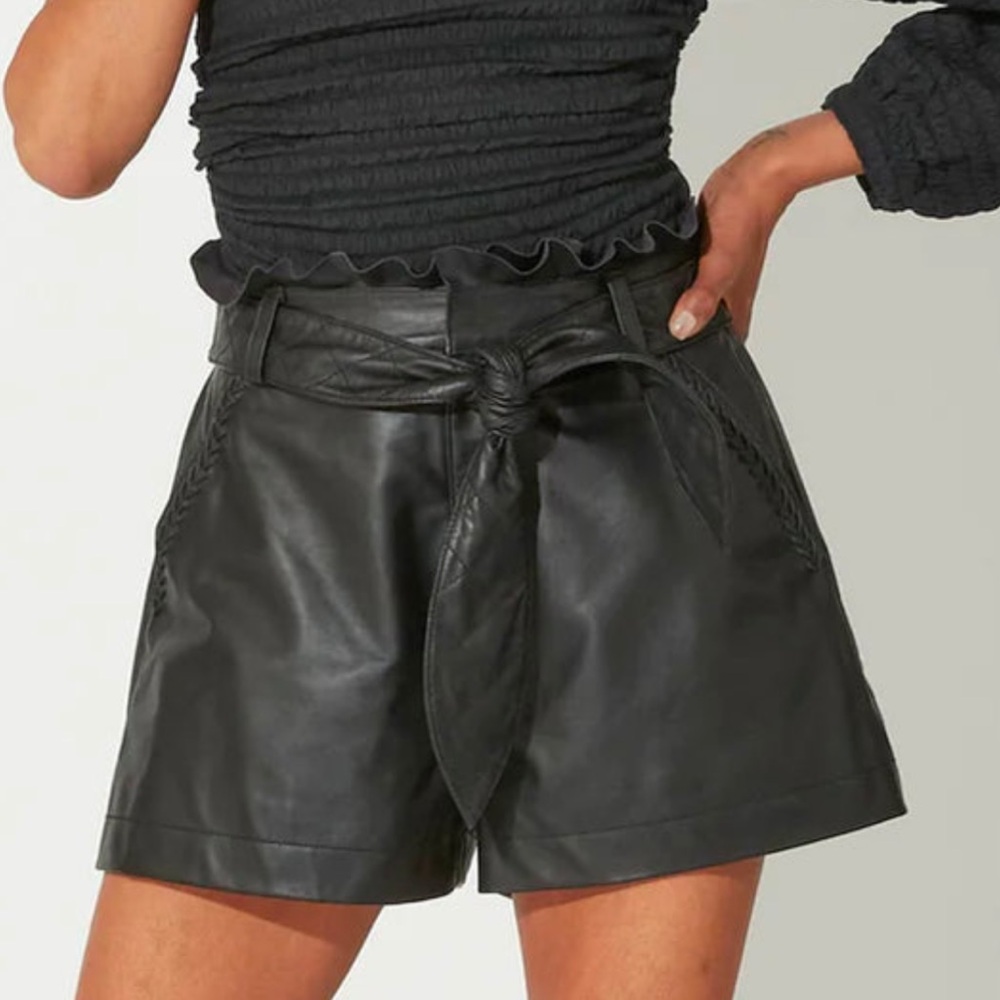 NWT Cleobella Alva 100% Sheep Leather Black Paperbag Shorts Small MSRP $248